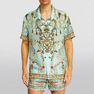 Camilla Men's 100% Silk Adieu Yesterday Short Sleeve Camp Collared Shirt b70